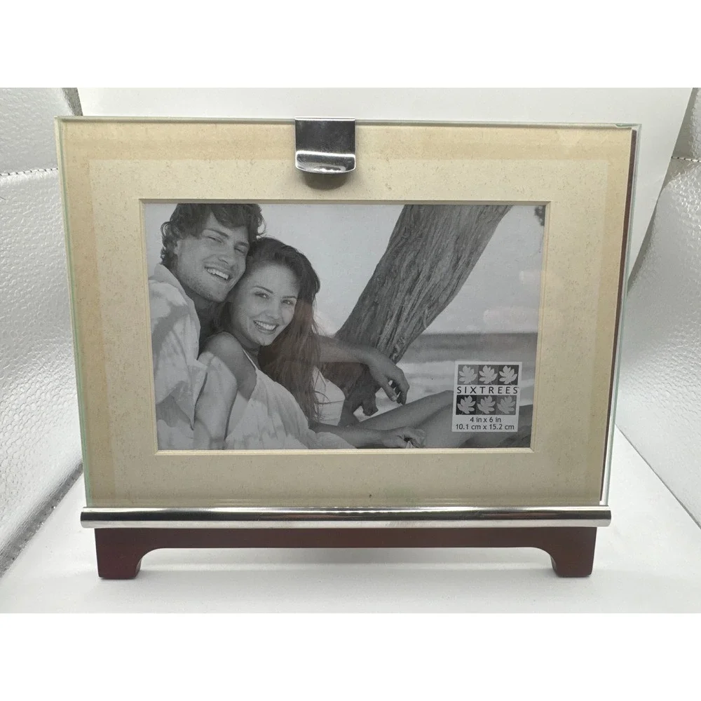 Sixtrees 4x6 Glass Picture Frame Mahogany Wood Base Chrome Accents Modern Decor